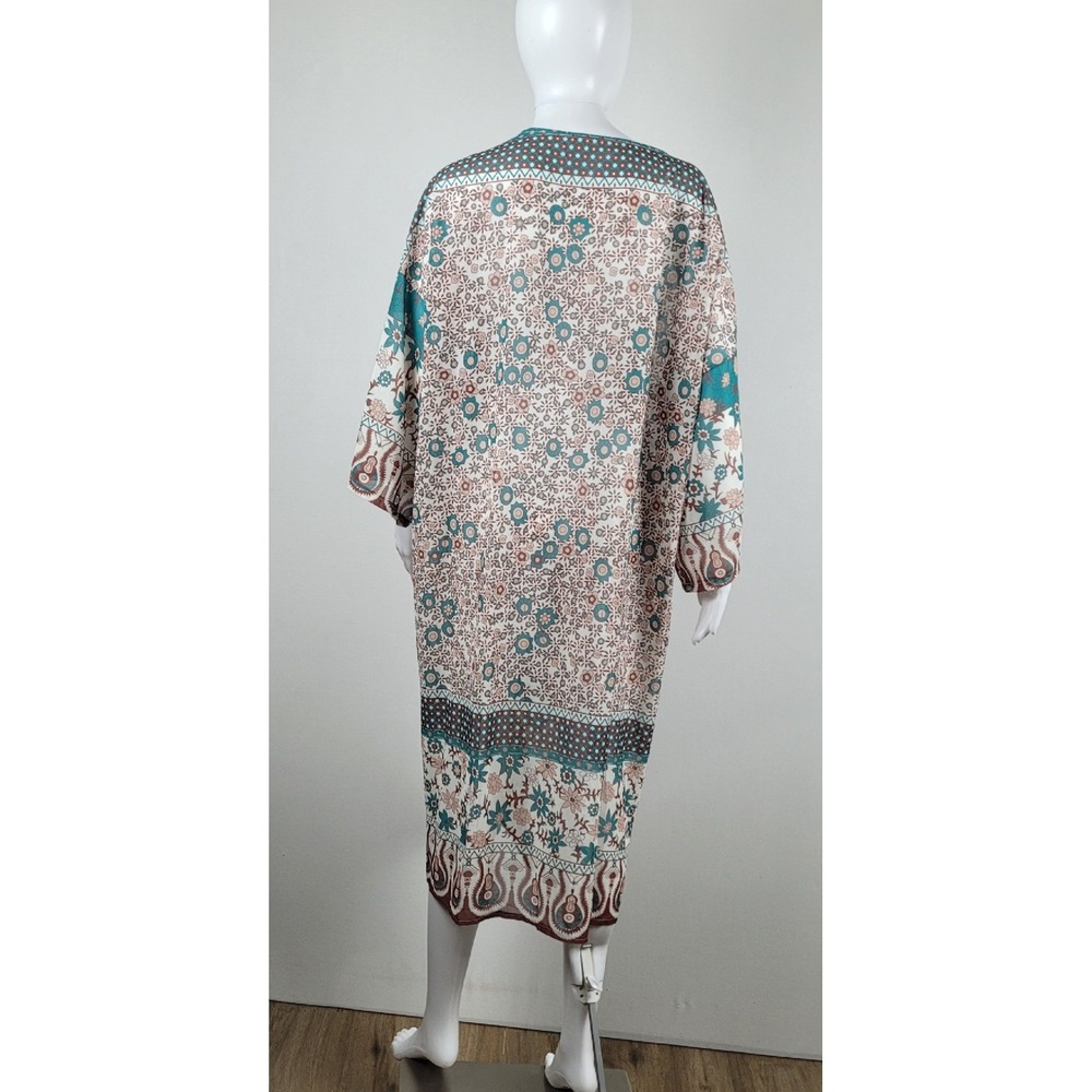 Kimono Cardigan Women One Size Teal Floral Paisley Longline Excellent - Picture 5 of 9